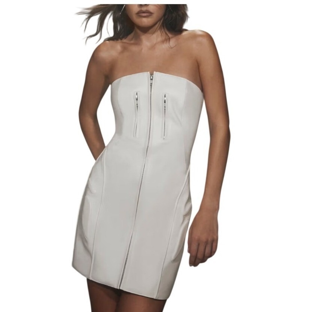 Khy Women's Faux Leather Strapless Zip Front Chic Mini Dress White Sz Small NWT
